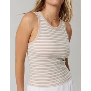 OFFLINE by Aerie Striped Ribbed Tank Top Tan White Built-in Shelf Bra Womens S